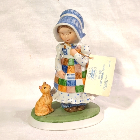 Holly Hobbie Figurine Blue Girl Cat Hand Painted Prairie Tabby Porcelain Vtg 70s - Picture 1 of 14